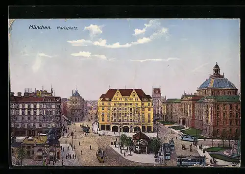 AK München, Strassenbahnen auf dem Karlsplatz