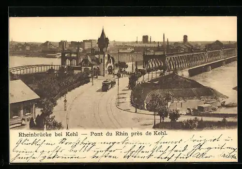 AK Kehl, Rheinbrücke mit Strassenbahnen