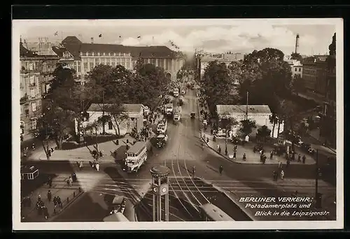 AK Berlin, Potsdamer Platz mit Strassenbahnen, Blick in die Leipzigerstr.