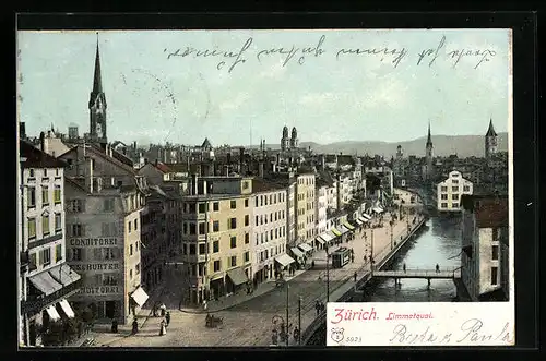 AK Zürich, Limmatquai aus der Vogelschau, Strassenbahn