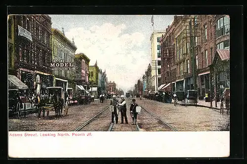 AK Peoria, Ill, Adams Street, Looking North, Strassenbahn