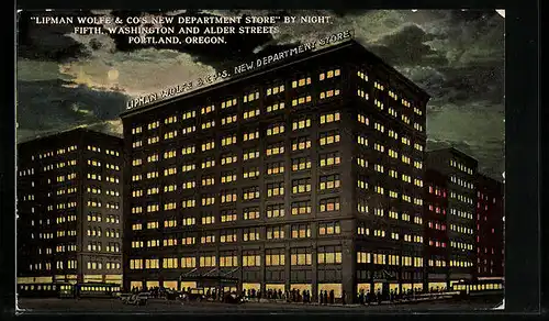 AK Portland, Oregon, Lipman Wolfe & Co`s New Department Store, By Night, Fifth Washington and Alder Streets, Strassenbahn