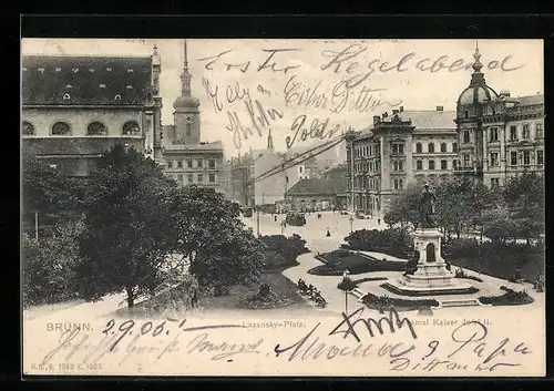AK Brünn, Lazansky-Platz, Denkmal Kaiser Josef II, Strassenbahn