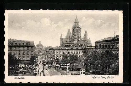 AK Mainz, Gutenberg-Platz mit Strassenbahn