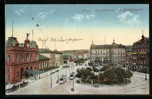 AK Mainz, Hauptbahnhof mit Bahnhofsplatz, Strassenbahn