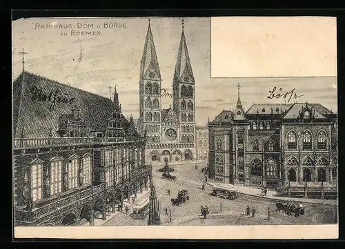 Künstler-AK Bremen, Rathaus, Dom und Börse, Strassenbahn