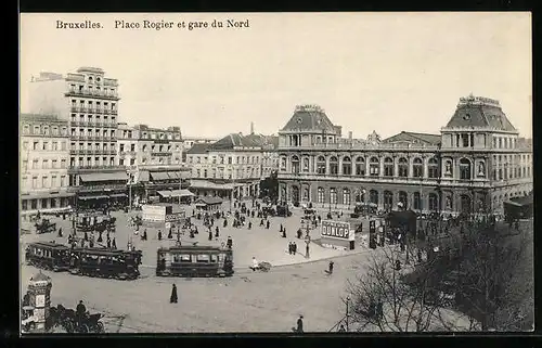 AK Bruxelles, Place Rogier et gare du Nord, Strassenbahn