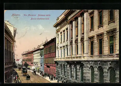 AK Milano, Via Manzoni, Palazzo della Banca Commerciale, Strassenbahn