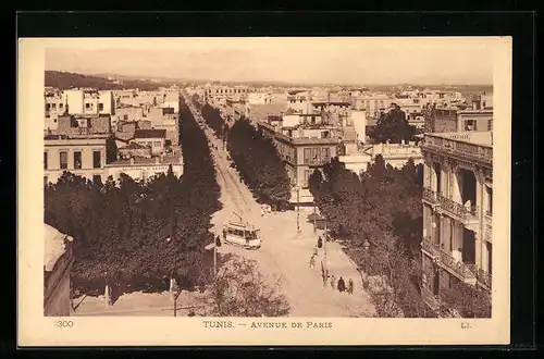AK Tunis, Avenue de Paris, Strassenbahn
