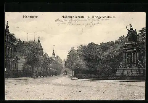 AK Hannover, Hohenzollernstrasse mit Strassenbahn und Kriegerdenkmal