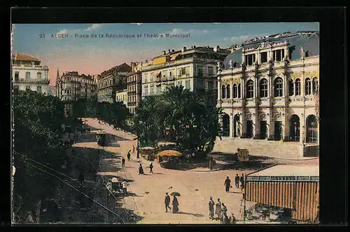 AK Alger, Place de la Republique et Theatre Municipal, Strassenbahn