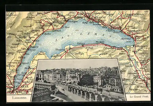 AK Lausanne, Le Grand Pont, Landkarte mit Aubonne, Villeneuve & Genève