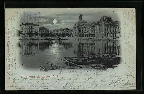 Mondschein-AK Neuchâtel, Uferpartie mit Booten