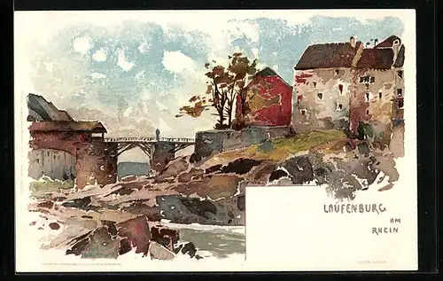 Künstler-AK Laufenburg am Rhein, Ortspartie mit Brücke