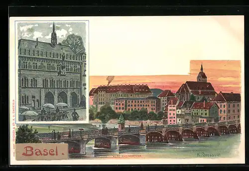 Künstler-AK Basel, Rathaus, Alte Rheinbrücke