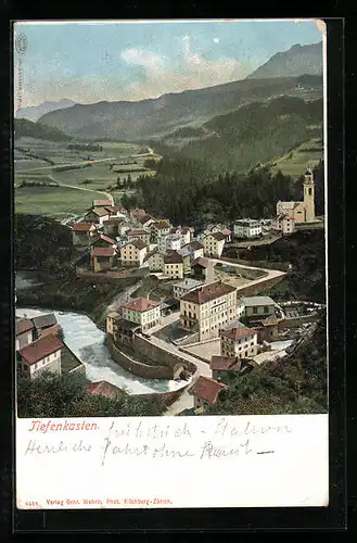 AK Tiefenkasten, Ortspartie mit Fluss aus der Vogelschau