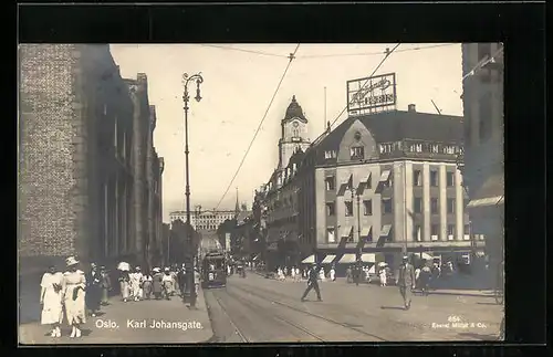 AK Oslo, Karl Johansgate, Strassenbahn