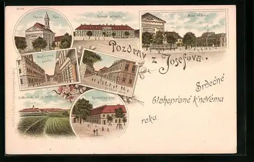 Lithographie Josefstadt, Garnisonkirche, Kommandantengebäude, Neues Rathaus