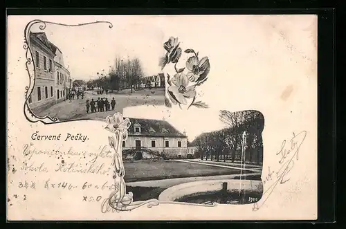 AK Pecky, Ortsansicht mit Springbrunnen