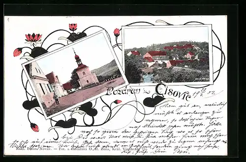 AK Cisovice, Marktplatz mit Kirche, Totalansicht vom Ort aus der Vogelschau