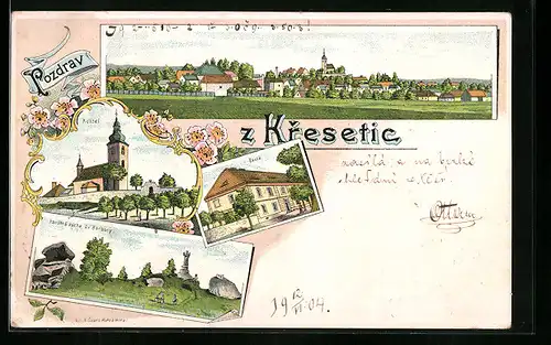 Lithographie Kresetice, Kostel, Skola