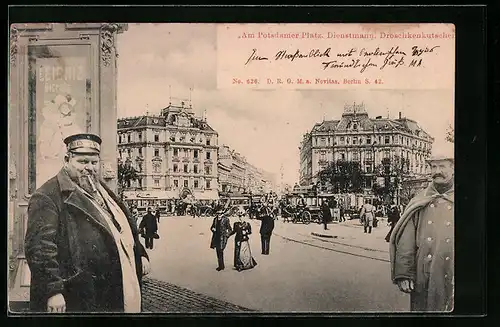 AK Berlin, Am Potsdamer Platz, Dienstmann, Droschkenkutscher