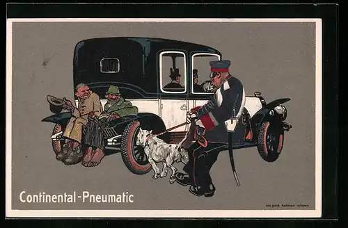 AK Continental-Pneumatic, Reklame, Schwarzfahrer und Schutzmann mit Diensthund