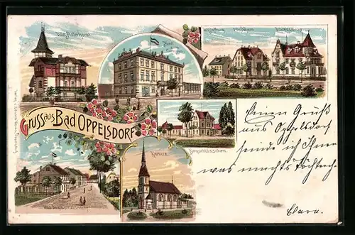 Lithographie Bad Oppelsdorf, Villa Dahlem, Hoffnung und awldesruhe, Villa Adlerhorst, Hotel zum Curhaus