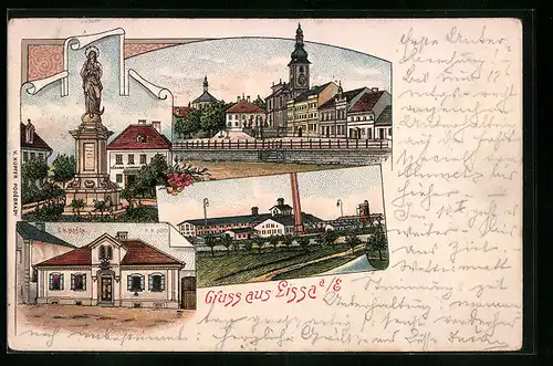 Lithographie Lissa a. E., C.K. Posta, Namesti, Kostel