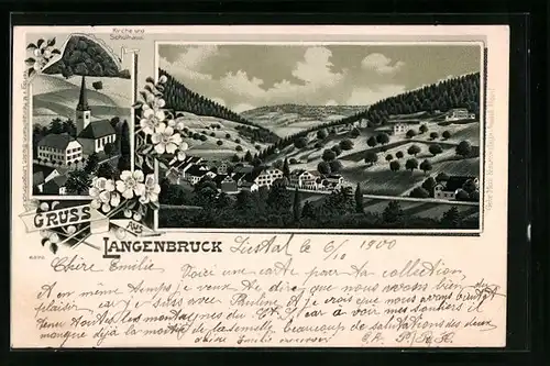 Lithographie Langenbruck, Totalansicht, Kirche und Schulhaus