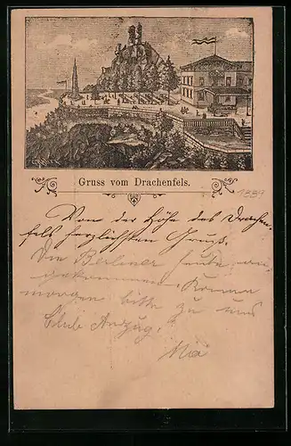 Vorläufer-Lithographie Drachenfels, 1889, Restaurant mit Blick ins Rheintal