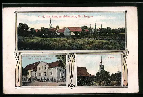 AK Langenreichenbach, Ortsansicht, Gasthof zum deutschen Kronprinz, Bes.: Oswald Matthäus, Kirche