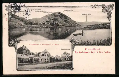 AK Neumagen a. d. Mosel, Weinkellerei des Karlshauses, Moselpartie