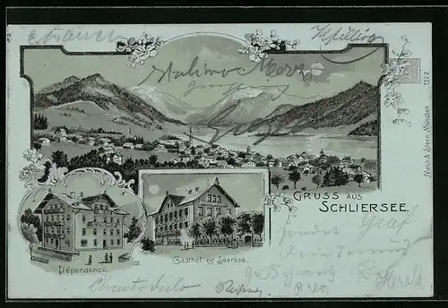 Lithographie Schliersee, Ortsansicht mit Bergen, Gasthof zur Seerose und Dependence