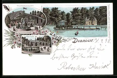 Lithographie Dobrock, Waldschlösschen, Pavillon, Ruderpartie