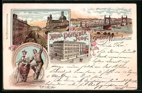 Lithographie Mannheim, Neckarbrücke, Schillerplatz, Hôtel Deutscher Hof