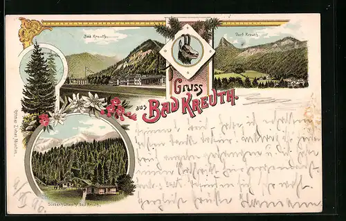 Lithographie Bad Kreuth, Ortsansicht, Siebenhütten, Gämse