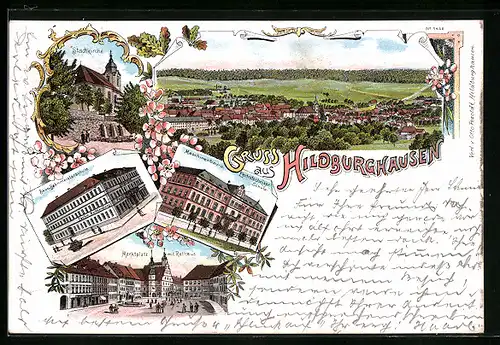 Lithographie Hildburghausen, Ortsansicht, Stadtkirche, Marktplatz mit Rathaus