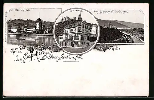 Lithographie Oberlahnstein, Ortsansicht, Hotel Lahneck