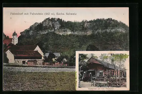 AK Pabstdorf /Sa., Ortsansicht mit Pabststein, Restaurant auf dem Pabststein