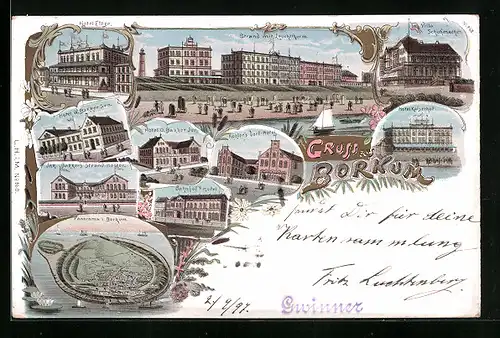 Lithographie Borkum, Strand mit Leuchtturm, Hotels Eltze, Bakker, Kaiserhof