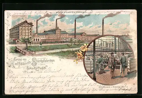 Lithographie Salzuflen, Hoffmanns Stärkefabriken, Gesamtansicht und Pressen-Raum
