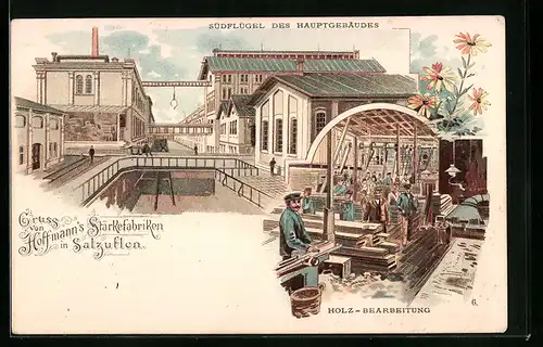 Lithographie Salzuflen, Hoffmanns Stärkefabriken, Südflügel Hauptgebäude, Holz-Bearbeitung