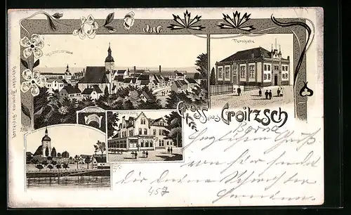 Lithographie Groitzsch, Teilansicht, Turnhalle, Ortspartie mit Kirche