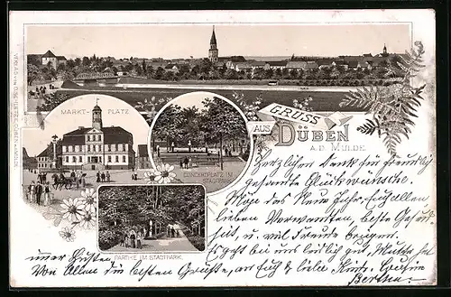 Lithographie Düben /Mulde, Ortspanorama, Concertplatz im Stadtpark, Marktplatz
