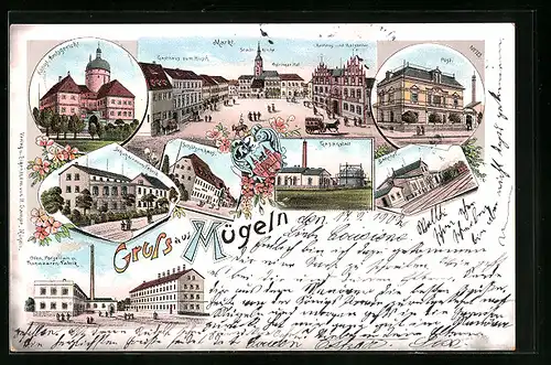 Lithographie Mügeln, Ortspartie am Markt, Gasanstalt, Bahnhof, Fabriken