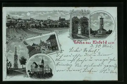 Mondschein-Lithographie Eisfeld a. d. W., Totalansicht, Markt, Schloss