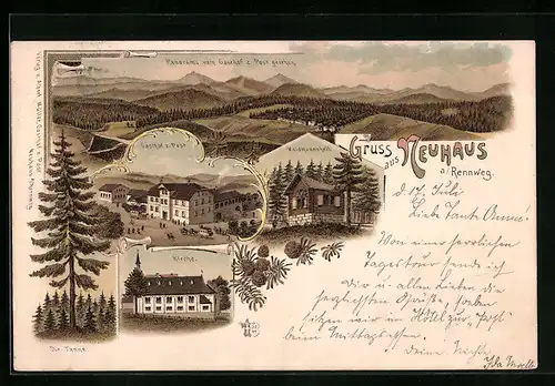 Lithographie Neuhaus /Rennweg, Panorama, Gasthof zur Post, Die Tanne