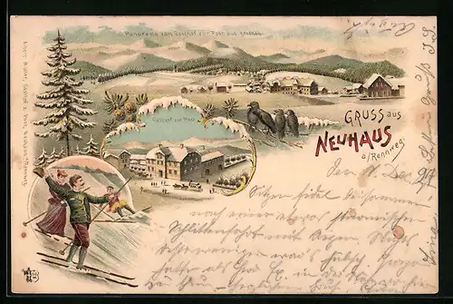 Lithographie Neuhaus /Rennweg, Gesamtansicht mit Umgebung, Gasthof zur Post, Skifahrer