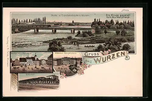 Lithographie Wurzen, Mulde mit Eisenbahnbrücke, Bahnhof, Mädchen-Bürgerschule